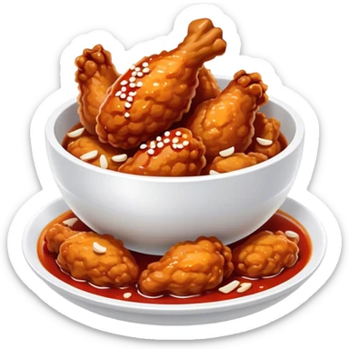 Korean Fried Chicken Cinematic Realistic Korean Fried Chicken Dish Emoji, depicted as bite-sized chicken pieces generously coated in a glossy, spicy sauce, in a bowl. sticker
