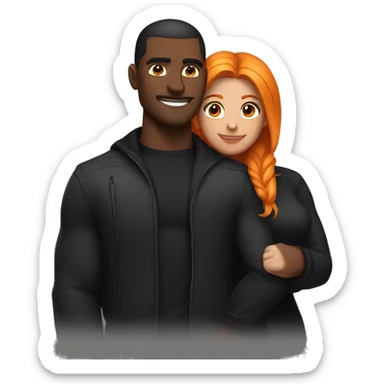 A muscular, well-shaped, slightly dark-skinned man with a black jacket on. and a woman with light black and orange hair hugging him. sticker