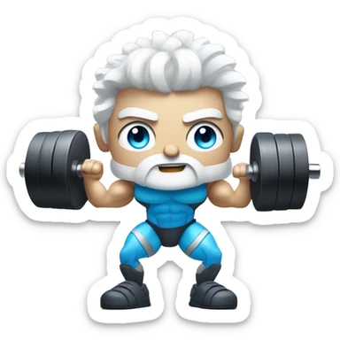 Athletic bionic robot man with amazing hair white hair and beard and blue human eyes flexing muscly arms and lifting weights   sticker