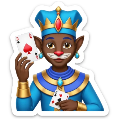 crazy colorful egyptian anubi jolly joker from poker, medieval, vintage, court jester, mac os icon, blue color, holds a single poker card on the right paw sticker