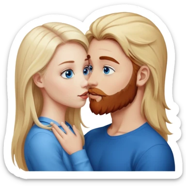 Long-pale-blonde hair, beautiful girl with blue eyes facing, kissing reddish-brown hair-beard boy blue eyed white guy sticker