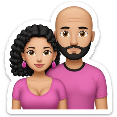 A picture if a couple. the man is a Mexican man with tanned skin, black hair, a bald hair cut, short boxed beard, and wearing a black shirt. the woman is mixed with black and white, with curly long hair, stud earrings,  wearing a pink shirt and with big boobs sticker