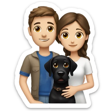 European brunette girl, european boy with brown hair hug black labrador sticker