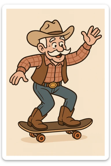 elderly cowboy with white mustache skateboarding, playful expression, classic western attire sticker