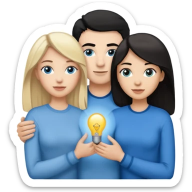 3 people. Throuple. Blank woman with blond hair and blue eye color on left. And also a blank man with black hair and grey eye color in the middle. And a blank woman with brown hair and grey eye color on the right. Holding each other sticker