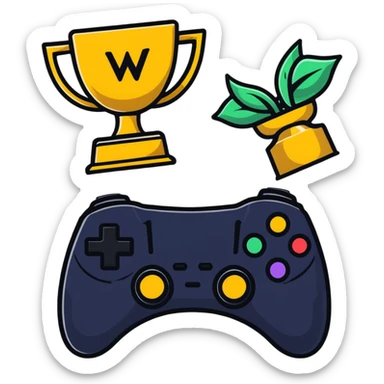 Colorful gaming platform logo for 'qbix88' with controller, community of players, and victory trophy sticker