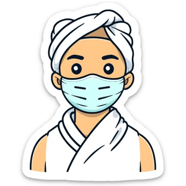 white man with a facial mask and towel at a spa sticker