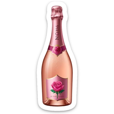 bottle of sparkling rosé champagne with a rose logo on the label, tilted up and to the right, no glass sticker