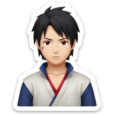 Sasuke Uchiha. White low cut shirt, dark hair, Sasuke hair, red eyes sticker