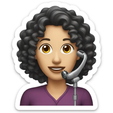 curly dark long hair caucasian woman with podcast microphone sticker