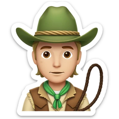 Cowboy character wearing a green hat with a lasso sticker