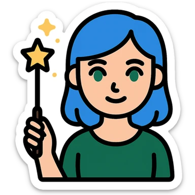 close-up face of beautiful girl with blue hair and green eyes, holding a magic wand, wearing dark green dress, icon style sticker