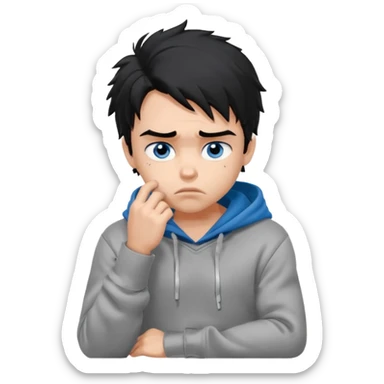 generate a pretty bratz fair skinned boy with messy black hair in a grey hoodie looking sad and bored with hand on chin. Make him muscled sticker