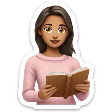 Pretty brown eyed hispanic girl with light pink sweater reading cozy sticker