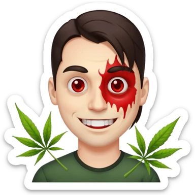 A white man with dark brown hair in a ponytail, oversized bloodshot eyes, grinning, weed smoker  sticker