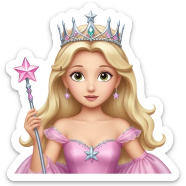 glinda the good witch from wicked movie (ariana grande) blonde hair, beautiful, big silver thin tiara, star wand, pink gown sticker