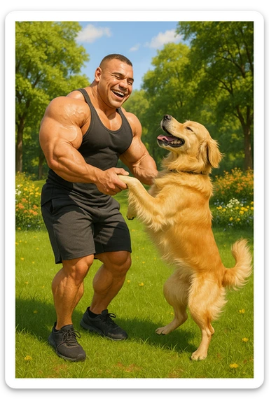 Bodybuilder che balla con un golden retriever sticker