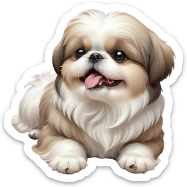 Cinematic Cute Yawning Shih Tzu Portrait Emoji, Head gently tilted with an irresistibly cute yawn and sleepy, half-closed eyes, showcasing a luxurious, fluffy fur in gentle pastel tones, simplified yet endearingly detailed, glowing with a soft, drowsy radiance, high shine, exuding tender, sleepy charm, styled with a delicate, soft glowing outline, capturing the essence of a Shih Tzu caught in a moment of adorable, sleepy bliss! sticker