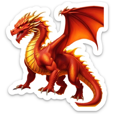 cinematic-noble-fierce-fire-dragon-full body-emoji,-poised-and-imposing,-with-a-muscular,-scaled-body-ablaze-in-fiery-hues-of-crimson,-molten-orange,-and-molten-gold,-and-intense,-burning-eyes-that-mirror-the-heart-of-a-volcano;-rendered in detail sticker