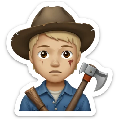 13 y/o Brian robeson at the beginning of Hatchet
distressed, has hatchet, small scratches on face, no blood on hatchet sticker