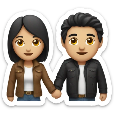 a couple holding hands. the guy has black middle part hair and is Persian and Filipino mix, wearing a jacket. the girl has brown hair white and asian mix, wearing a crop top. sticker