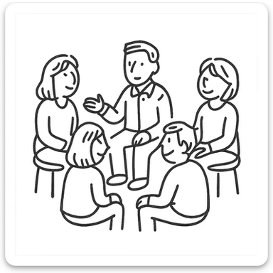 a friendly work team during a circle briefing, hand-drawn style, sketchy lines, relaxed atmosphere, people in a circle, simple color palette sticker