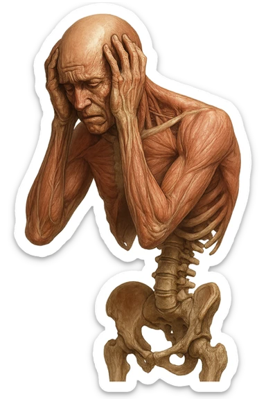 CORPO UMANO ANATOMICO con spina dorsale in evidenza, molto stanca e stressata mentre si tiene le mani sulla testa, IPERREALISTICO 4K sticker