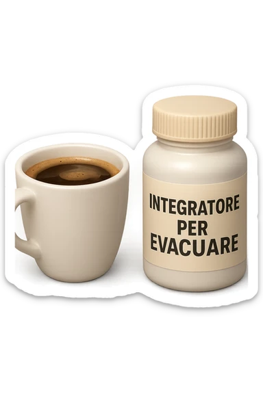 EMOJI STILE IPHONE 3D DI un caffè e di una boccetta di integratore con la scritta "INTEGRATORE PER EVACUARE" SULL'ETICHETTA, iperrealistico 4k sticker