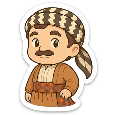 Create a chibi Kurdish cartoon sticker based on the reference image, showing a proud (confident) expression, with a transparent background. sticker