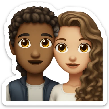 light skinned girl with long light brown hair, brown eyes kissing a black boy with brown eyes and curly black hair sticker