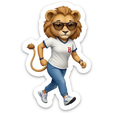 confident anthropomorphised female lion wearing a baseball shirt, jeans, trainers, dark sunglasses, jogging upright, looking self-assured sticker