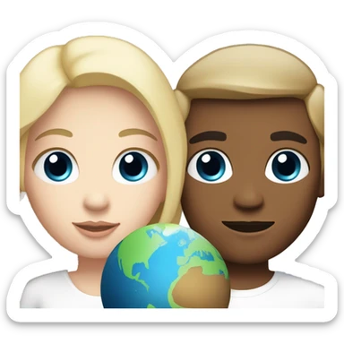 a couple holding a planet, boy is white with blonde hair and blue eyes, girl is white with dark blonde hair and light brown eyes  sticker