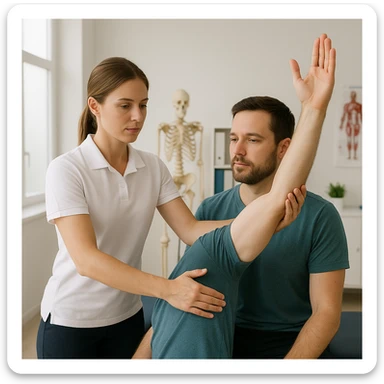 realistic image of a kinesiologist performing a kinesiological evaluation on a patient in a clinical environment with professional details, inspired by a real scene sticker