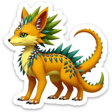 Kawaii cute reddish orangish yellowish greenish exotic tribal beautiful pretty elegant divine edgy feline-vernid-sergal-Fakémon-Pokémon-Digimon-fursona-animal-creature with accessories, jewelries, full body, with intricate detailed markings, spikes, furs, fins, scales, spiny sticker