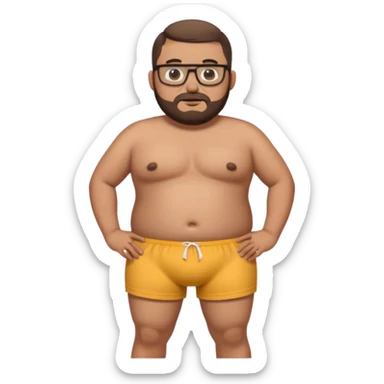 A very fat standing shirtless mexican guy in his boxers with a buzzcut, a beard, and glasses sticker