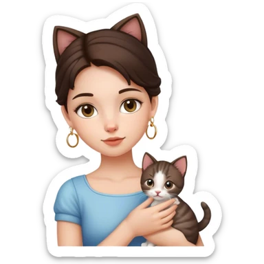 brunette girl with hoop earrings holding a kitten  sticker