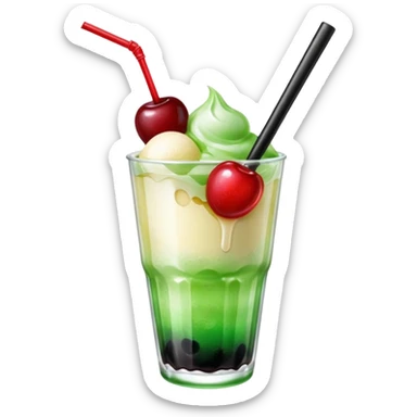 Create an emoji with a clear rounded glass, bright transparent green soda with fine bubbles, a smooth vanilla scoop, a glossy red cherry, and a black straw, using vibrant colors, soft shading, and clear glass highlights.
 sticker