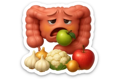 EMOJI STILE IPHONE DI UN INTESTINO UMANO IN CRISI PERCHé STA MALE, IN BOCCA HA UNA MELA E DAVANTI A LUI C'è UNA MONTAGNA DI aglio, cipolle, cavolfiore e mele, IPERREALISTICO 4K sticker