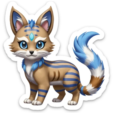Brown and white-striped Colorful Skilled Adept Graceful Asian Painted WereGarurumon-Meloetta-Ursaring-Furret-fusion-hybrid-creature (full body) with blue rings around eyes, tufted lynx ears sticker