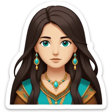 Cinematic Realistic Elegant Pocahontas Portrait, depicted with sun-kissed, warm skin rendered in lifelike detail and soft, natural lighting that accentuates its gentle glow. Her long, flowing dark hair is intricately detailed with natural movement, and her wise, expressive eyes shine with a deep, serene intensity. She is dressed in traditional attire with rich earthy tones and subtle turquoise accents, each fabric fold and texture rendered authentically. The portrait exudes a natural radiance that captures the timeless, indigenous beauty of Pocahontas with depth and authenticity. sticker