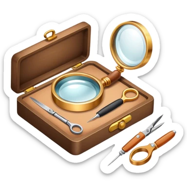 Create an icon that represents the art of jewelry making. The design should feature 1-2 pieces of jewelry, such as a ring or necklace, in progress. Include a small workbench or table, a magnifying glass, and tools like pliers and tweezers. The composition should feel elegant and detailed, showcasing the precision and skill involved in crafting jewelry. The background should be transparent. sticker