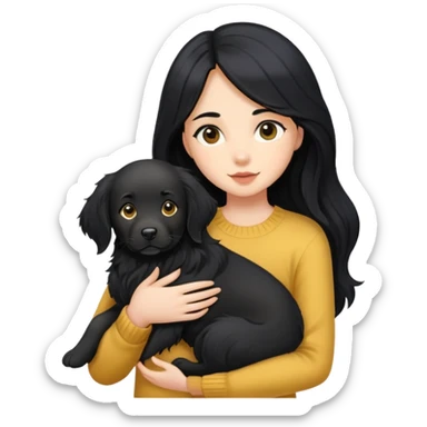 A girl with long black hair is holding a black golden retriever sticker