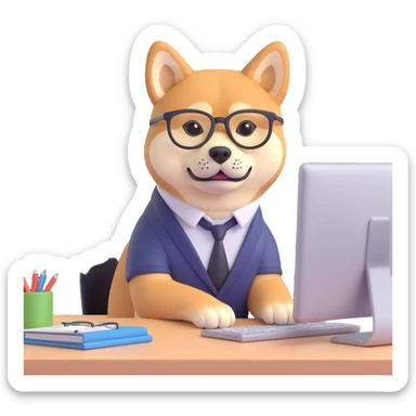 shiba inu with eye glasses and computer sticker