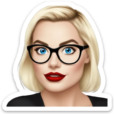 Real Margot Robbie, bright blue eyes and winged eye liner, red kisses, wearing black glasses  sticker