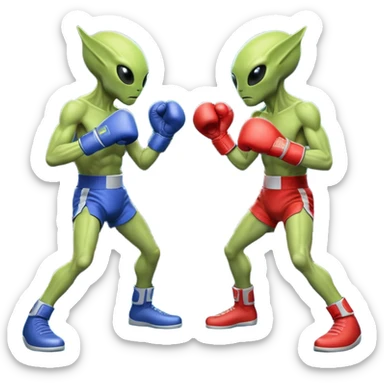two aliens boxing in a fight stance, facing each other with raised gloves, dynamic action pose, intense expressions, sci-fi arena vibe, 3D cartoon style, mobile game icon style, clean background, no text, no watermark
 sticker