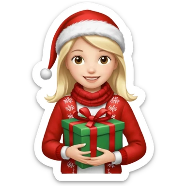 a girl wearing a chirstmas jacket and scarf and holding a christmas gift sticker