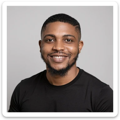 A professional portrait of me in monochrome. Plain black crew neck shirt. Tailored to LinkedIn. Tech boy vibe (programmer). I’m a black man from Nigeria. Retain facial features from attached image. Make face smoothie and healthy. No accessories. Light gray background to make subject more visible. sticker