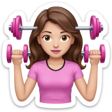 girl with wavy long brown hair, brown eyes, light to medium complexion, long lashes, light pink lipstick, wearing light pink shirt, lifting a pink dumbbells in a sports top sticker