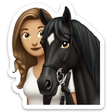 Pretty tanned equestrian woman long hair holding black stallion reins sticker