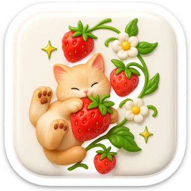 Create a 3D iOS-style square image of a cute cat hugging a strawberry, surrounded by strawberry vines, flowers, and leaves. Use soft lighting and a glossy effect. The image should have no background and maintain 1:1 proportions. Style hint: GPT Image style with 3D iOS aesthetics. sticker